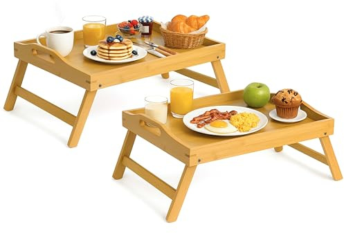 Unibos- 2 Pack Bamboo Bed Tray Table With Folding Legs, Breakfast Trays, Serving Tray For Food & Snack, Laptop Trays For Working