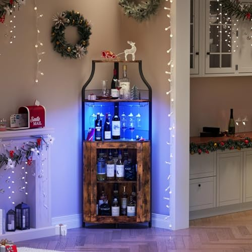 Eck-Weinregal, 5 Etagen Weinregal Freistehender mit Glashalter and Weinaufbewahrung, industrielles Weinbar Schrank mit Türen aus Metallgitter, 50 Flaschen Wein Bäckerregal für Bar, Küche 47x34x154cm-G