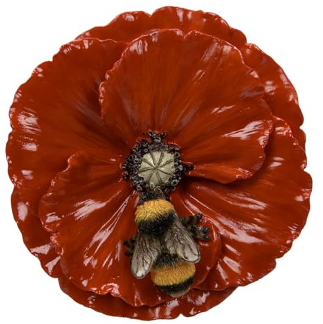 Vivid Arts Red Poppy Flower with Bee Ornament – Realistic Resin Garden Decoration | Indoor & Outdoor Display | 10.5cm