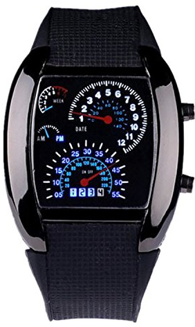Orologio da polso da uomo, con LED blu e bianco, riproduce il contachilometri delle auto sportive, Black