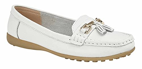 Jo & Joe Nautical Ladies Leather Loafer Shoes, Tassel Flat, Women's Size 7.5-8, Flexible Rubber Grip Sole, Round Toe, Pull-On, 1 inches Heel, Cold Lining, Solid, Low Top, Comfort Wear, Party