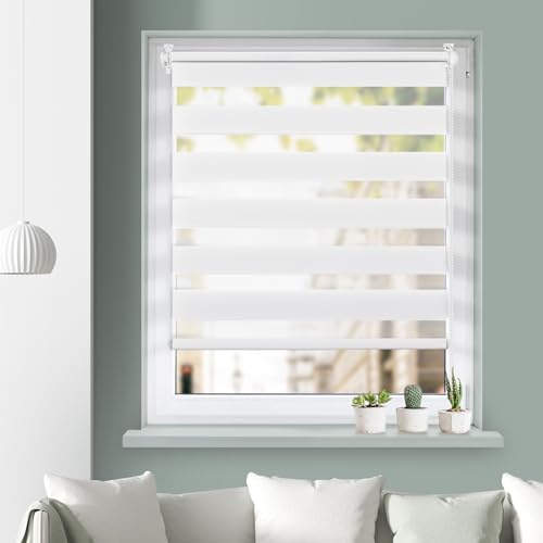 Grandekor Doppelrollo Klemmfix ohne Bohren Weiß 65x120cm(Stoffbreite 61cm) Fenster Rollos für innen Klemmrollos Duo Rollos für Fenster ohne Bohren mit Bohren Privatschutz UV-Schutz Zebrarollo