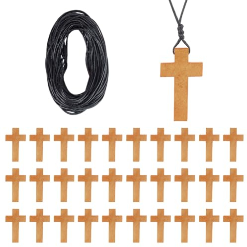 nbeads 50 Stück Holzkreuz Anhänger, Mit 15m Gewachste Polyester Schnur Für DIY Kreuz Charms Natürliche Holzkreuz Party Handwerk DIY Schmuck Projekte Ostern Dekoration, 42x24.5x4mm
