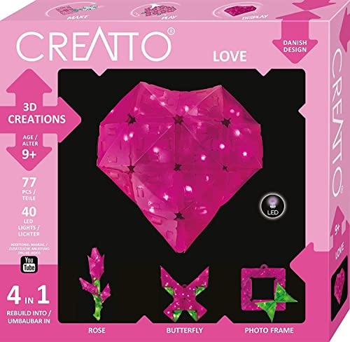 KOSMOS 3493 CREATTO Love 3D-Leuchtfiguren entwerfen, 3D-Puzzle-Set für Herz, Rose, Schmetterling, Bilderrahmen, 77 Steckteile, 40-tlg LED-Lichterkette