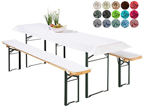 heimtexland ® Bierzeltgarnitur Auflagen Set 3-teilig Tischdecke Bierbankauflage Polster Kissen Biergarnitur Typ698 Weiß für Tischmaß 70x220 cm