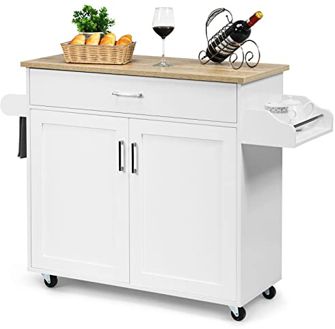 COSTWAY Dessert de Cuisine à roulettes Verrouillables, Ilot Central Cuisine Étagère Réglable sur 3 Niveaux, Grand Placard, Tiroir, Porte-épices et Porte-Serviettes, 40 x 116 x 85 cm (Blanc)