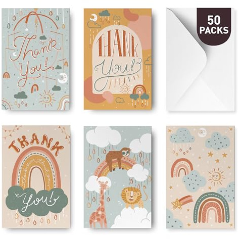 Rileys & Co Dankeskarten mit Umschlag - je 50 Stück - 5 verschiedene Designs - hochwertige Thank You Cards - Perfekt als Karten mit Dankeschön für Hochzeit, Geburtstag & mehr - DIN A6 (Natur)