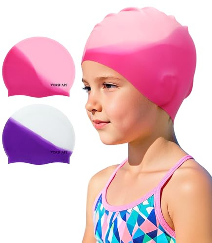 Vorshape Swim Cap Kids (2 Pack), Durable Waterproof Swimming Cap for Girls Boys Teens Toddler Aged 8-15, Comfortable Fit Kid Swim Cap for Long Hair, Silicone Swim Caps for Kids, Bright Purple & Pink