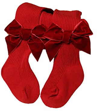 YILEEGOO Baby småbarn flickor tights ribbstickade strumpbyxor med sammetsrosetter Chritsmas alla hjärtans dag leggings byxor spädbarn strumpor, Röd sammetsrosett, 4-6 Years