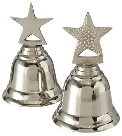 CasaJame Tischglocke 2er Set, Silber, Dekorative Aluminium Glocke, Stern Design, Höhe 11 cm, Durchmesser 7 cm, Polierte Oberfläche, Festliche Dekoration