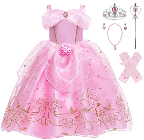 KANDEMY Fille Déguisement de Princesse avec Accessoires Robe de Princesse Costume pour Enfant Anniversaire Fête Noël Partie Carnaval Cosplay Rose 120