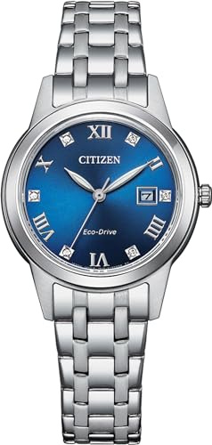 Citizen Eco-Drive Damenuhr Edelstahl, Blau, 29.5 mm, FE1240-81L | Eco-Drive Solar, Keine Batterie Nötig, Kristallglas, 3 bar Wasserdicht, 240 Tage Gangreserve, Datum, Edelstahlband