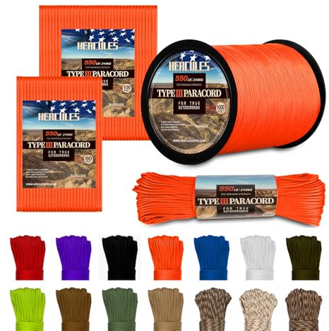 HERCULES Type III Paracord 550 Paracord Rope Parachute Cord, 250' Neon Orange for Camping Cord, Survival Rope