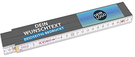 2 Meter Zollstock bedrucken mit Text und Logo - Beidseitig bedruckter Zollstock mit Namen und Logo personalisierte Werbeartikel, Werbegeschenke | Buchenholz, Hintergrund Grau, 1 Stk.