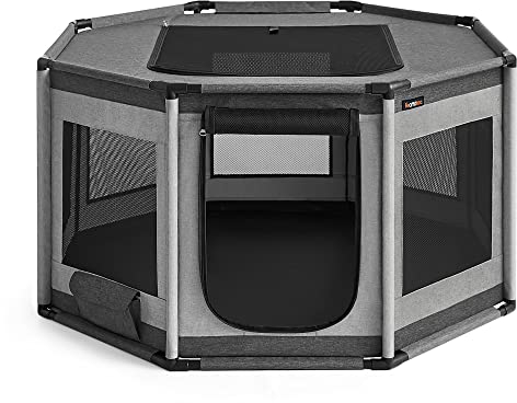 Feandrea Welpenauslauf Oxford-Gewebe, Welpenlaufstall achteckig, Hundekäfig L, 112 x 112 x 62 cm, Rahmen aus PVC-Rohren, atmungsaktives Netz, mit Seitentasche, Taubengrau-schiefergrau PDC003G01