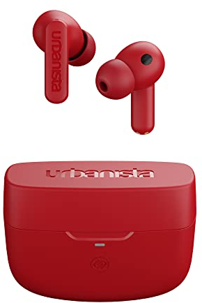 Urbanista Atlanta Hybrid Active Noise Cancelling Wireless Earbuds, Deep Bass Splash Resistant Headphones, Bluetooth Multipoint Earphones, Transparency Mode, Wireless Charging Case, Vibrant Red