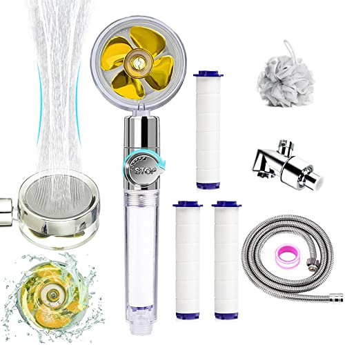 Hydro Jet High Pressure Shower Head Turbocharged Shower Head Handheld Turbo Fan Shower Kit with Replacement Hose/Bracket/Cotton Filters and Bath Loofah-Transparent Gold