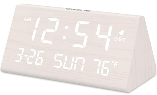 DreamSky Digital Alarm Clocks for Bedrooms - Wooden Desk Clock with Date, Day of Week, USB Port, Temperature, Dimmer for Bedside Table, Living Room, Office, Adjustable Volume, Auto DST, Wood Decor