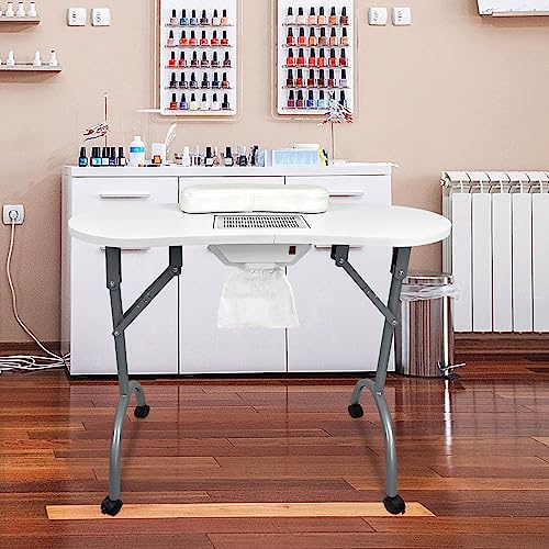 Aufun Tavolo per manicure Tavolo per unghie pieghevole portatile con ruote Tavolo per manicure mobile, con cassetto e borsa portatile, 98 x 44 x 77 cm - Bianco