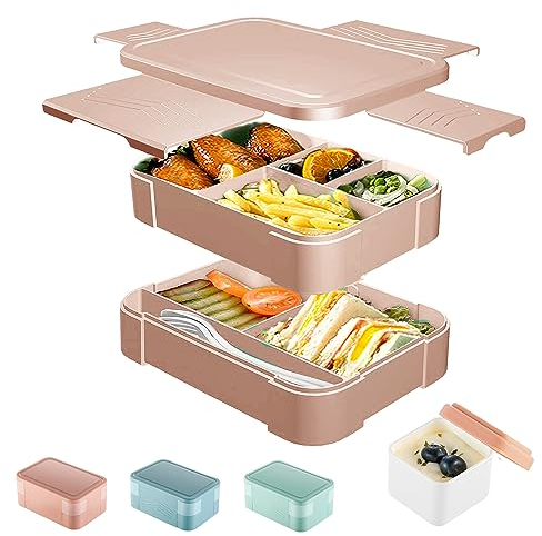 CALIYO Brotdose mit Fächern, 1550ml Bento-Box, Auslaufsicher Lunchbox für Kinder, Schule/Büro/Picknick | BPA-frei | Mikrowellen- und Spülmaschinenfest | Erwachsene (Beigerot)