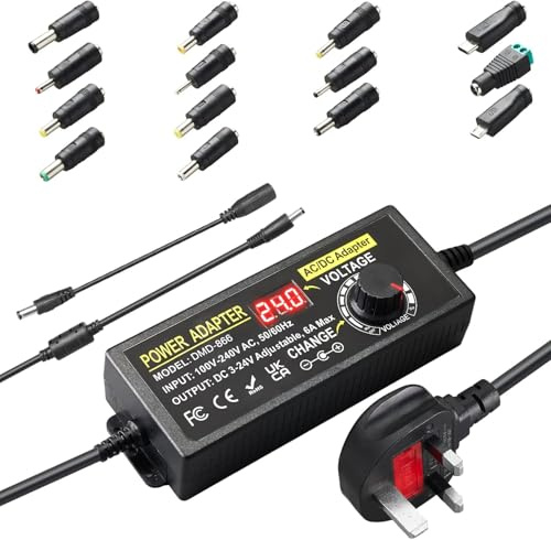 Adjustable Power Supply Adapter 3V~24V 6A 144W, Universal AC/DC Adapter DC 3V 5V 8V 12V 15V 18V 20V 24V,100V-240V AC to DC Converter with 14 Tips & Polarity Cable for Led Strips,LCD Monitors