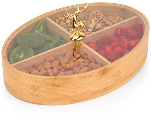 BELLE VOUS Scatola Porta Oggetti Legno Tonda con 4 Scomparti e Coperchio - 29 x 12 cm - Cassetta Legno Portaoggetti per Bustine di Tè, Oggetti da Conservare, Gioielli, Oggetti Artigianali