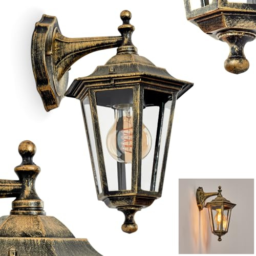 HOFSTEIN Außenwandleuchte Loria, Außenwandlampe aus Metall/Glas in Schwarz-Gold/Klar, Wandleuchte Down im Retro/Vintage/Landhaus-Design, E27, IP44, Eingangsbereich, Terrasse, Haustür, Hof