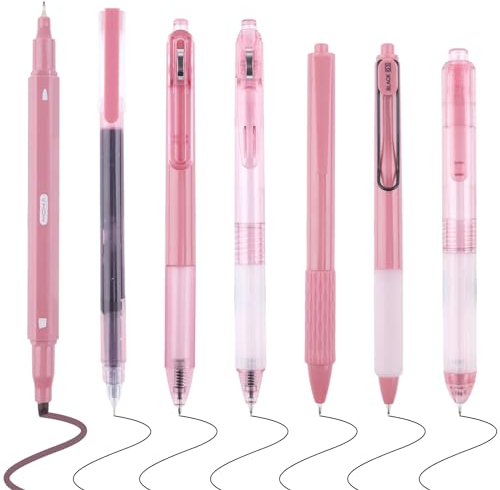 WINKIO 7 Stück 0.5mm Gelstifte, Aesthetic Stifte Set, Schwarz Kugelschreiber Schnell Trocknende Tintenstifte + Textmarker für Schule, Büro, Zuhause(Rosa)