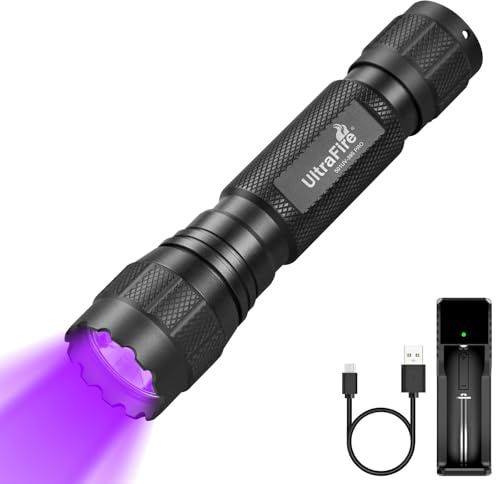 UltraFire 501UV-395 PRO - Linterna UV (395-405 nm, luz negra, 10 W, lámpara ultravioleta pequeña, para resina endurecida, caza de escorpiones, manchas de mascotas)