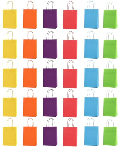 YUDA 30 Stück Bunte Papiertüten mit Henkel, 12x6x15cm, Geschenktüten aus Kraftpapier für Kindergeburtstage, Hochzeiten, Weihnachten, Partys