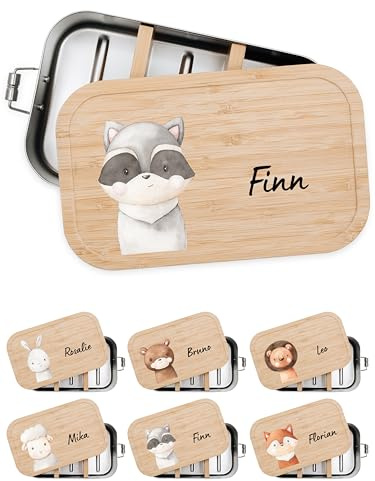 Bärenfreunde® - Personalisierte Brotdose für Kinder mit Spezial-Druck - Robuste Edelstahl Brotdose - Personalisierte Geschenke für Kinder & Erwachsene (Waschbär,klein Weißblech)