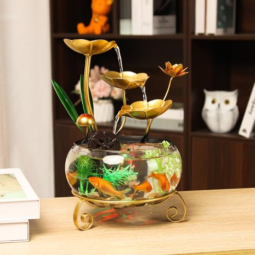 MIXIUJIEN Fontana decorativa da tavolo con foglie di loto, luce LED e acquario, cascata in miniatura per interni, per casa, ufficio e decorazione zen