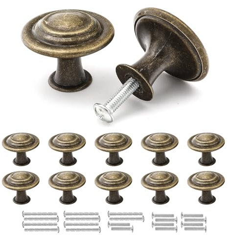 Misuyue Boutons de Meuble Bronze Antique, Poignée Meuble Vintage, 10 Pièces Boutons de Tiroir en Alliage de Zinc, 30mm Boutons de Portes pour Placards Commode Armoire, avec Vis Assorties
