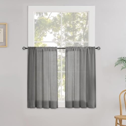 CUCRAF Rideau De Cuisine en Lin Semi-Transparent, avec Poche pour Tige, Couleur Gris Paquet De 1 Unités 60L X 60H Cm, Adapté pour Cuisine Salle À Manger Salle De Bain Et Petites Fenêtres