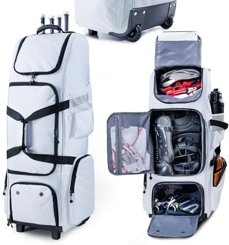 VIGEGARI Baseballtasche mit Rollen, separatem Schuhfach und Zaunhaken, große Softball-Tasche für T-Ball, Teamausrüstung, Seesack, Catcher Gear Bag für Jungen 8–12, Jugendliche, Erwachsene
