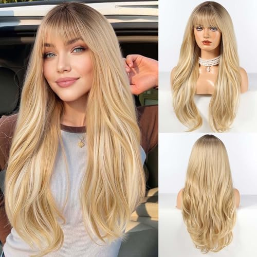 HAIRCUBE Lange blonde Perücke mit Pony, geschichtete lockige Perücken für Frauen, natürliche synthetische Perücken für den täglichen Gebrauch (Pelucas de cabello natural)