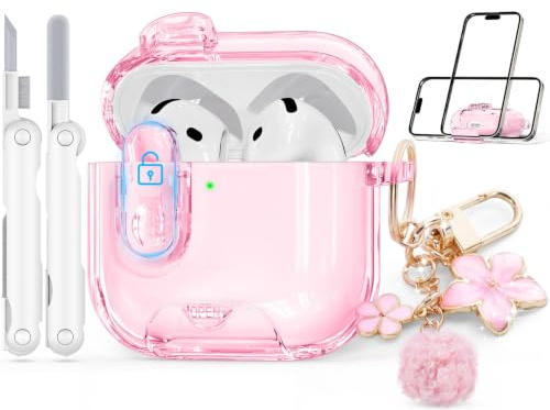 Clear Case for AirPods 4 Case Cover with Safety Lock,Soft TPU Cover with Phone Stand & Cleaning Kit,Cute Bling Keychain for Women Girls-Clear Pink