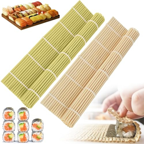 2 Stück Sushi Matte, 24 x 24cm Bambusmatte Sushi Roller, Wiederverwendbare Sushi Maker, Sushi Set zum Selber Machen, DIY Sushimatte Machen für Anfänger, Sushi Rollmatte, für Küche, Party, Picknick