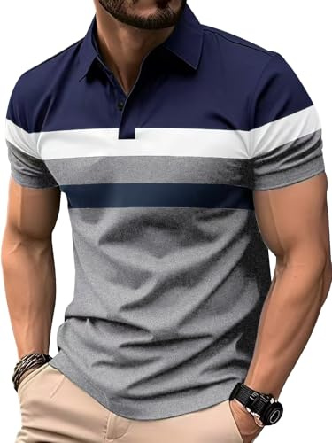 Comilaka Pikétröjor för män kortärmade vardagliga skjortor randiga skjortor kontrastfärg lappverk sommar t-shirts, Grå, L