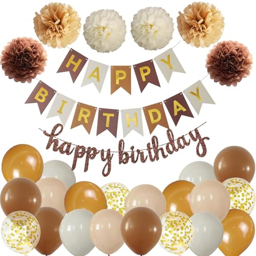 Happy Birthday Braun Beige Geburtstag Party Deko Set Geburtstag Girlande Luftballons Braun Beige Ballons 6 Pompoms Geburtstagsdeko Mann