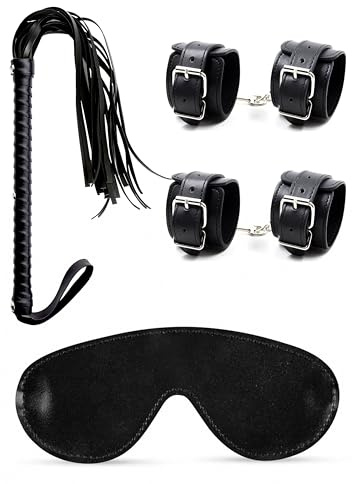 Sex Handcuffs for Grownups Bedroom, Faux Leather BDSM Flogger for Play, Sex Blindfold Eye Mask for Women - 3pcs Bondage Restraints BDSM SM Starter Kit Restraints Set for Couples