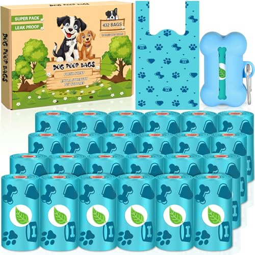 LPAOIS Bolsas para Excrementos de Perro, 432 Unidades/24 Rollos bolsas caca perro con dispensador, Hecho de la Mezcla de almidón de maíz, Extra Gruesa Prueba de Fugas, Fuerte y a Prueba, Azul