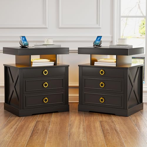 OUTDOOR DOIT Smart Bedside Table set of 2 with Wireless Charging,LED Nightstand with 1 Lockable Drawer and Human Sensor Design,Sofa Side Table with Open Compartment for Bedroom,Study,Matte black