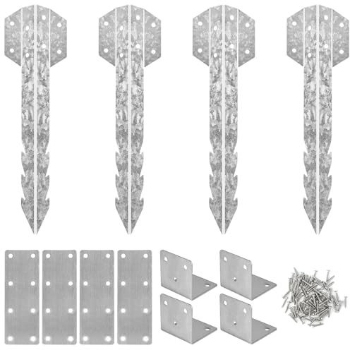 12Pcs Metal Brackets for Wood, 4Pcs Railway Sleeper Brackets with 4 Flat Joining Plates, 4 Angle Brackets and 80 Screws for Pathway, Garden Raised Bed Metal Corner Braces for Fixing Timber