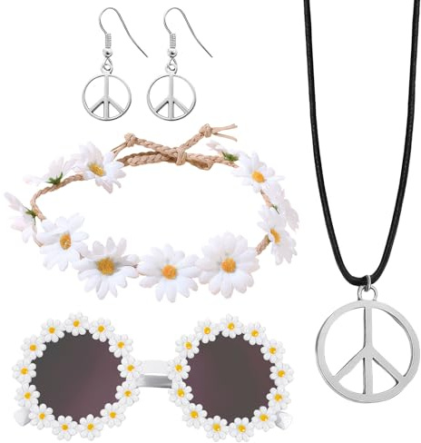 SSKHE 5 Stück Hippie Kostüm Accessoires Damen für 60er 70er Jahre Hippie Schmuck für Schlagermove Outfit Damen Vintage Zubehör per Costume mit Gänseblümchen Brille Friedenszeichen Halskette Ohr