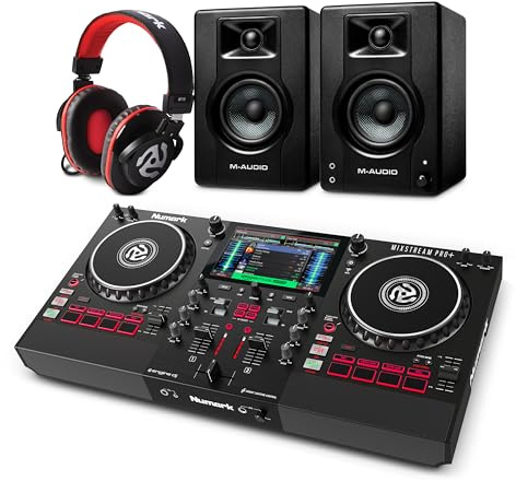 Numark Mixstream Pro+ DJ Controller and M-AUDIO BX3 Pair Studio Monitors with Headphones for Studio Recording, Music Production, Podcasting, Streaming
