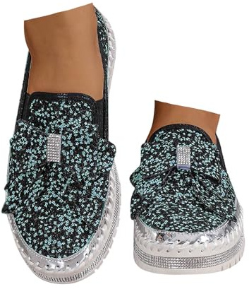 Xbemkste Zapatillas con purpurina para mujer, con lentejuelas, plataforma, brillantes, fiestas, vacaciones, bodas, zapatillas de tela con lazo, zapatos planos para caminar, Negro , 40 EU