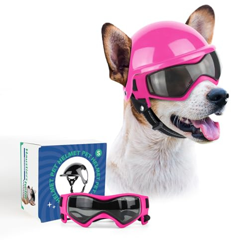 PETLESO Gafas de perro con casco para razas pequeñas, juego de casco y gafas para conducir al aire libre, caminar, color rosa