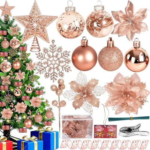 76Pcs Christmas Tree Decorations Set, Rose Gold Hanging Ornaments w/Bulk Shatterproof Plastic Balls, Artificial Poinsettia Flowers, Glitter Berries Stems for Indoor Xmas Home Holiday Party Decor