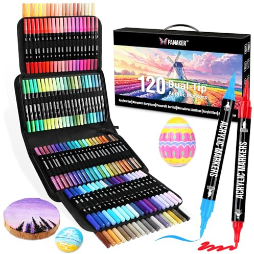 Set di 120 matite acriliche – punte bifacciali, multimarker per pietre, legno, tessuto, tela, vetro, ceramica in sacchetto di stoffa, colori acrilici versatili per artisti e progetti fai da te